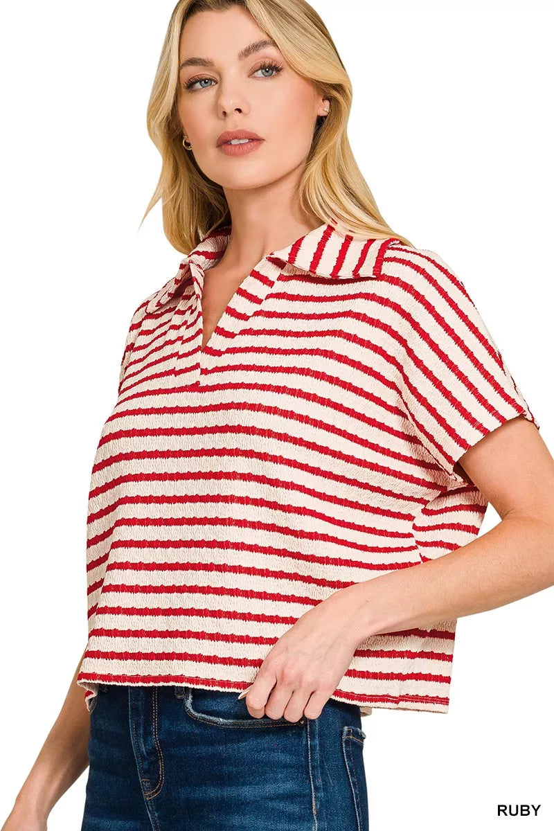 Zenana Striped Split Neck Collared Top
