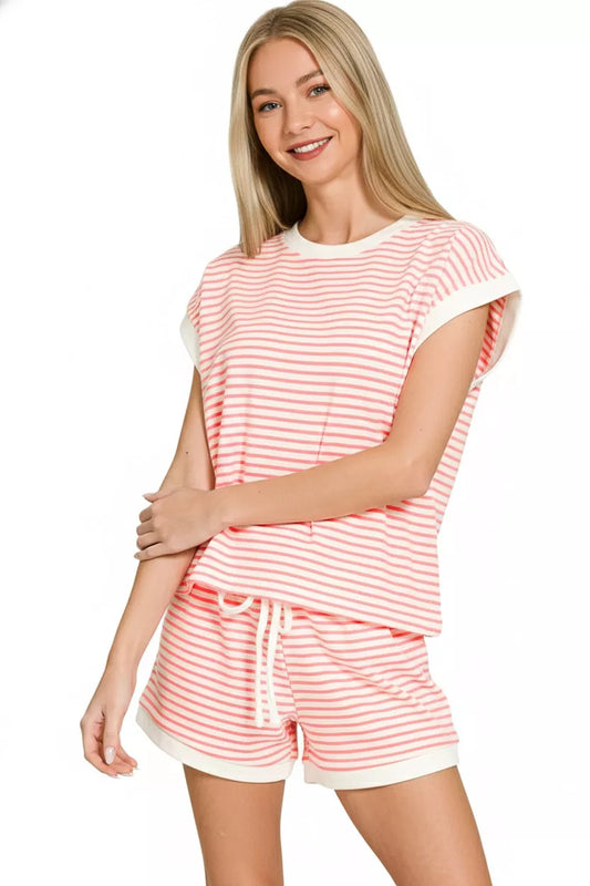 Zenana Stripe Contrast Trim Top & Shorts Set DK PINK