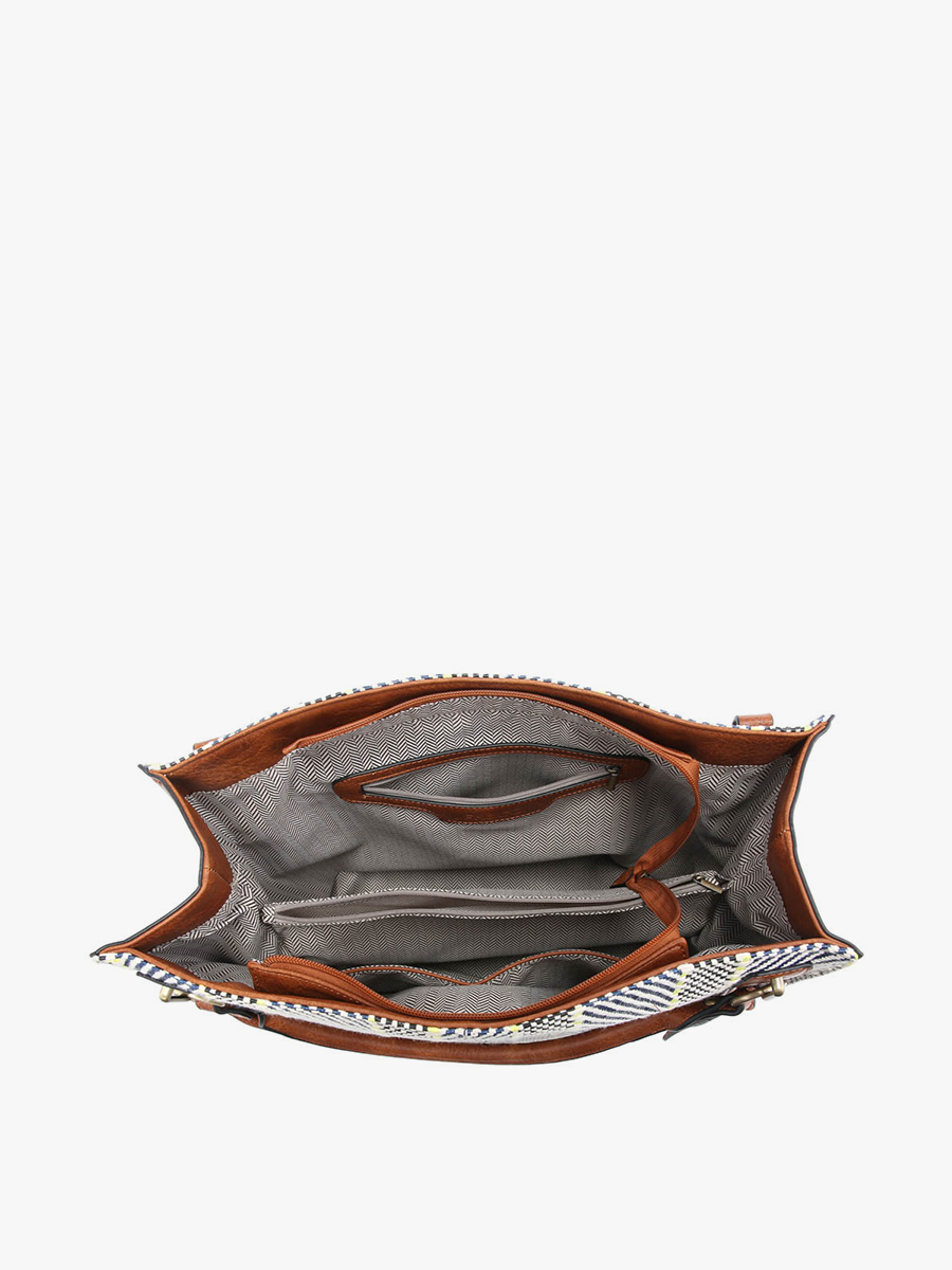 Open brown leather handbag with striped lining on a white background