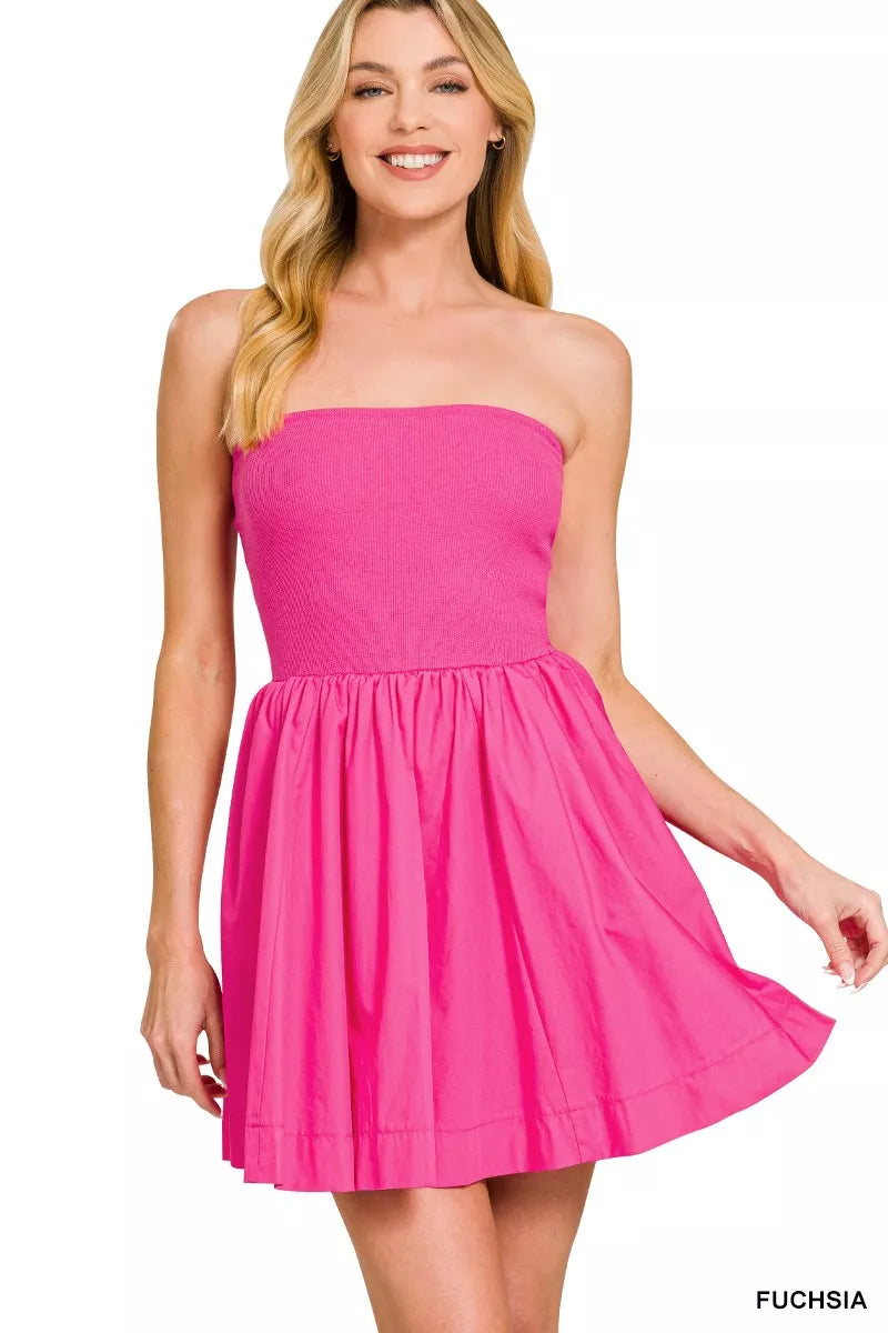 Zenana Combined Knit Tube Top Flare Mini Dress FUCHSIA