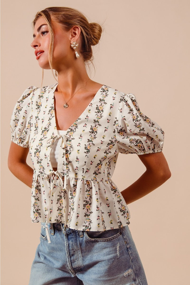 SO ME Floral Print Tie Front Shirred Hem Blouse