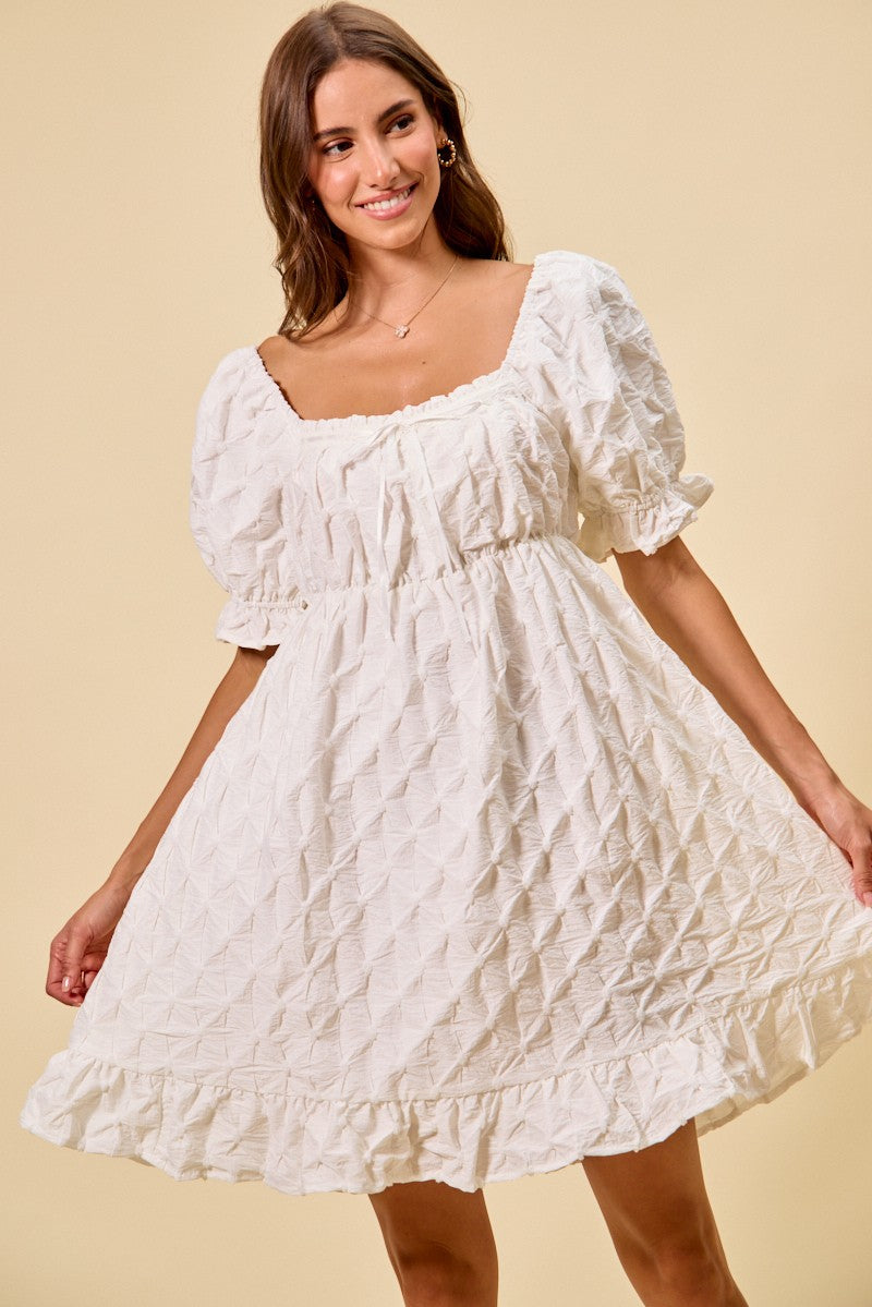 SO ME Texture Woven Ruching On Bust Mini Dress OFF WHITE