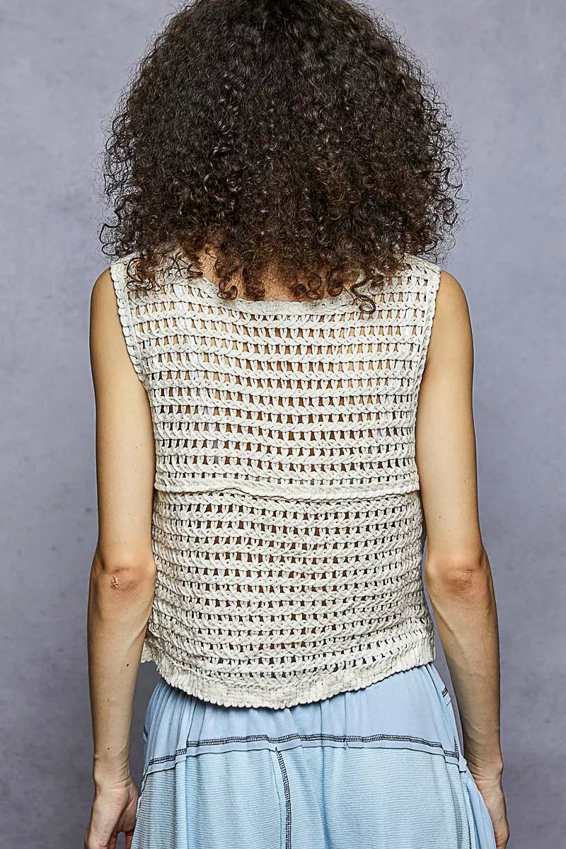 POL Button Down Floral Embroidery Cropped Crochet Vest Top