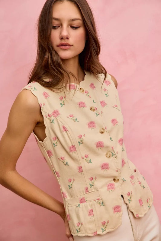 SO ME Floral Rose Cotton Twill Scallop Button Vest Top