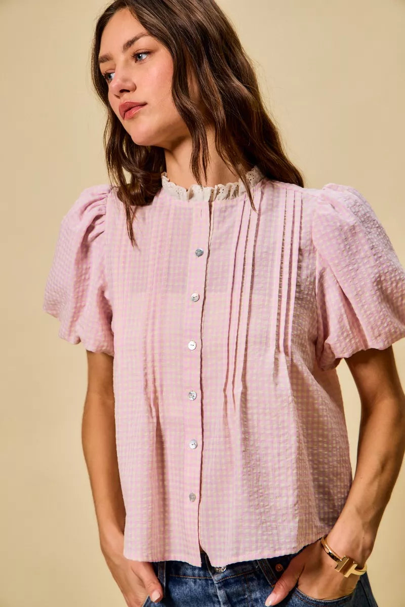 SO ME Gingham Lace Trim Button Bubble Sleeves Blouse