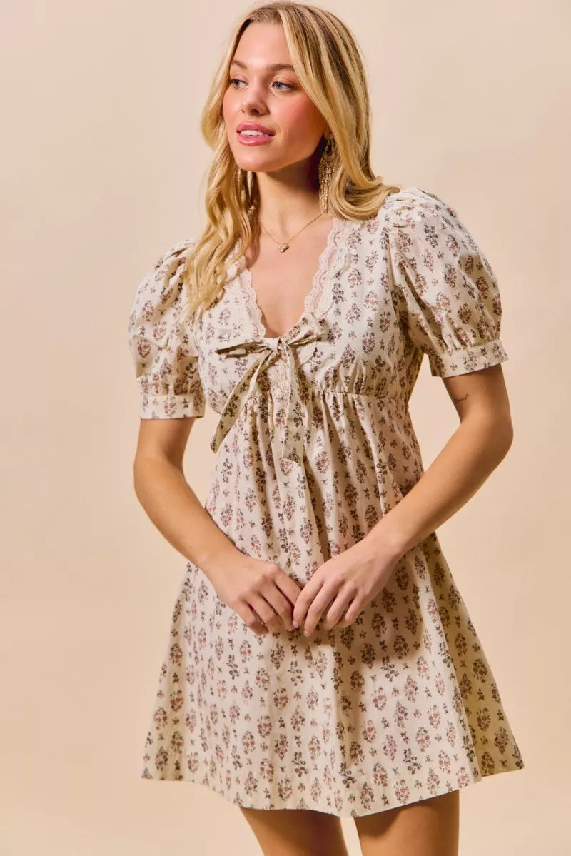 SO ME Floral Print Lace Trim Short Sleeves Mini Dress