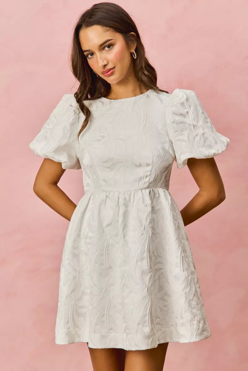 SO ME Floral Jacquard Bubble Shorts Sleeves Mini Dress WHITE