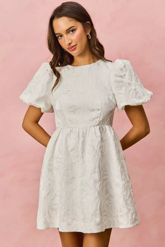 SO ME Floral Jacquard Bubble Shorts Sleeves Mini Dress WHITE