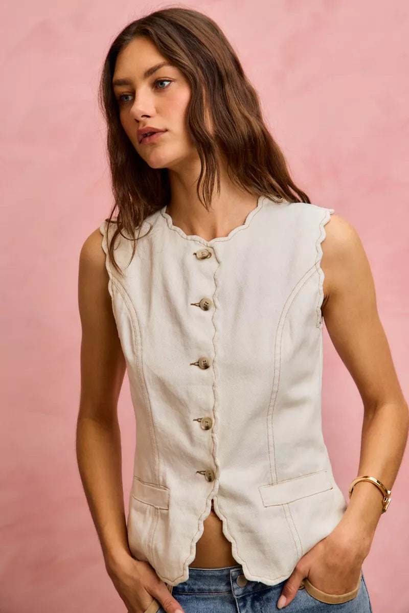 SO ME Scalloped Edge Cotton Twill Washed Vest Top