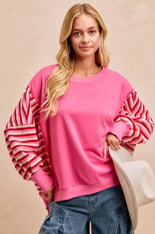 BiBi French Terry Stripe Combo Sweatshirt with Open Seam