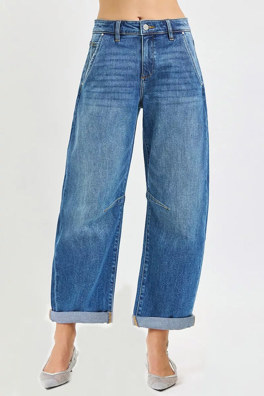 RISEN Slouchy Cropped Barrel Jeans With Cuffed Hem MEDIUM
