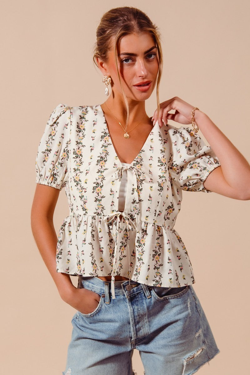 SO ME Floral Print Tie Front Shirred Hem Blouse