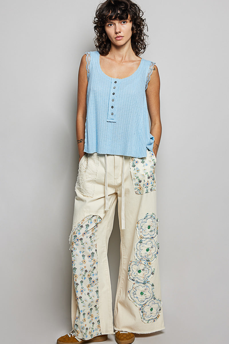 POL Textured Knit Round Neck Tank with Lace Detail