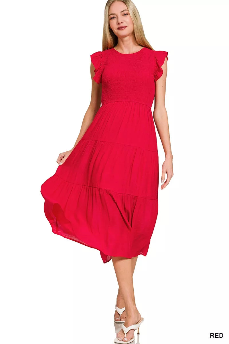 Zenana Woven Smocked Ruffle Sleeve Midi Dress RED