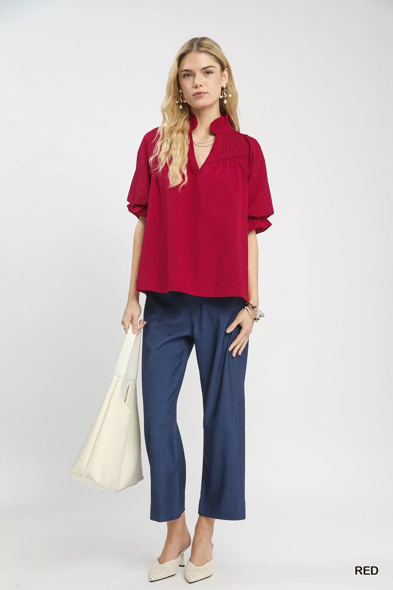 Umgee Textured Smocked Yoke Split-Neck Top