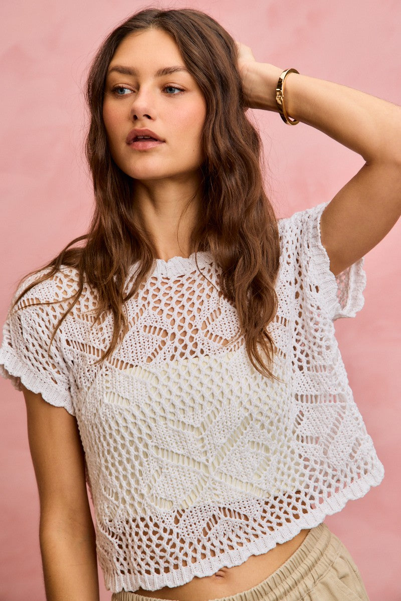 SO ME Crochet Scallop Edge Short Sleeves Knit Cover Up