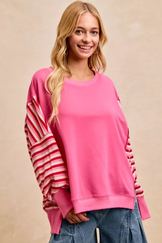BiBi French Terry Stripe Combo Sweatshirt with Open Seam PINK RED