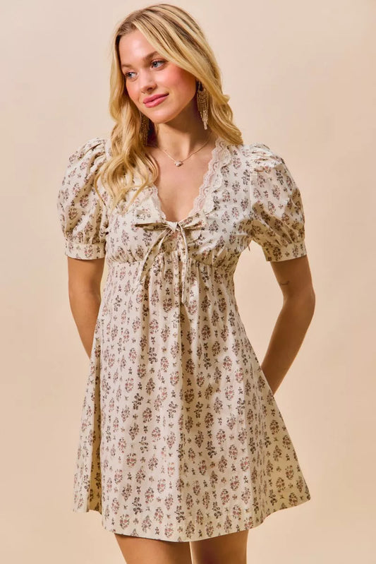 SO ME Floral Print Lace Trim Short Sleeves Mini Dress BLUSH