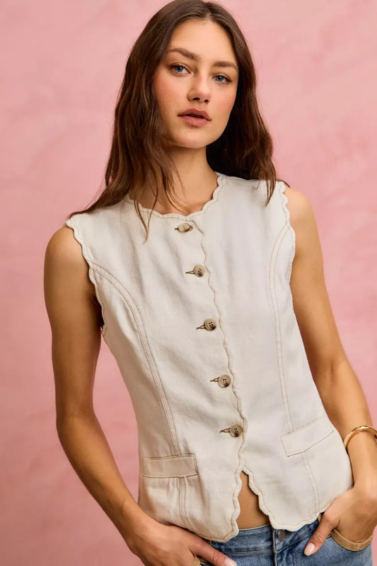 SO ME Scalloped Edge Cotton Twill Washed Vest Top WHITE