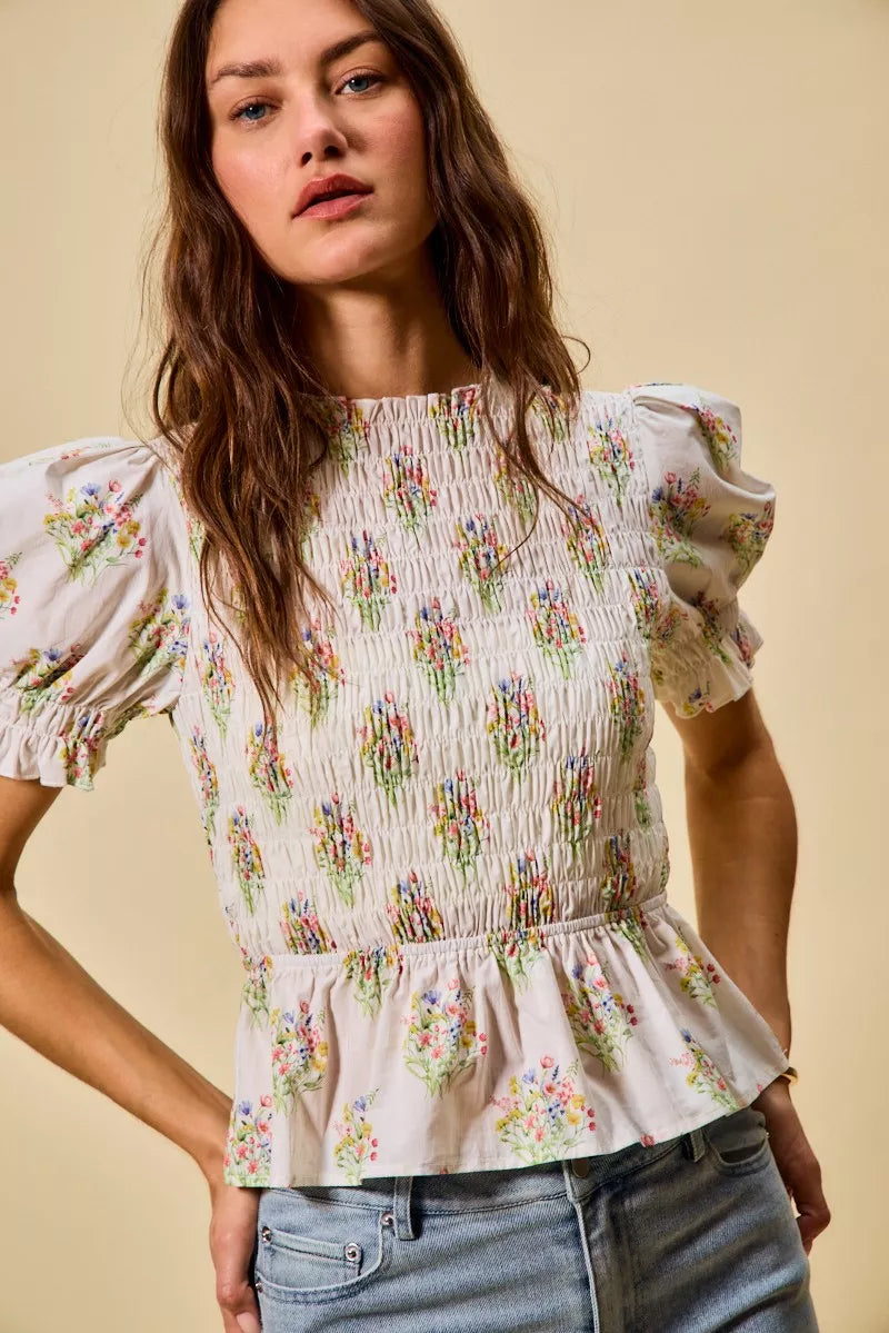 SO ME Floral Cotton Smocked Short Sleeves Blouse