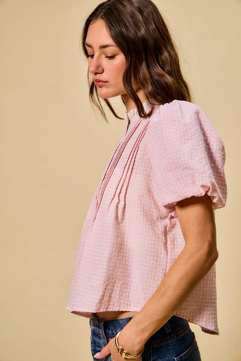 SO ME Gingham Lace Trim Button Bubble Sleeves Blouse