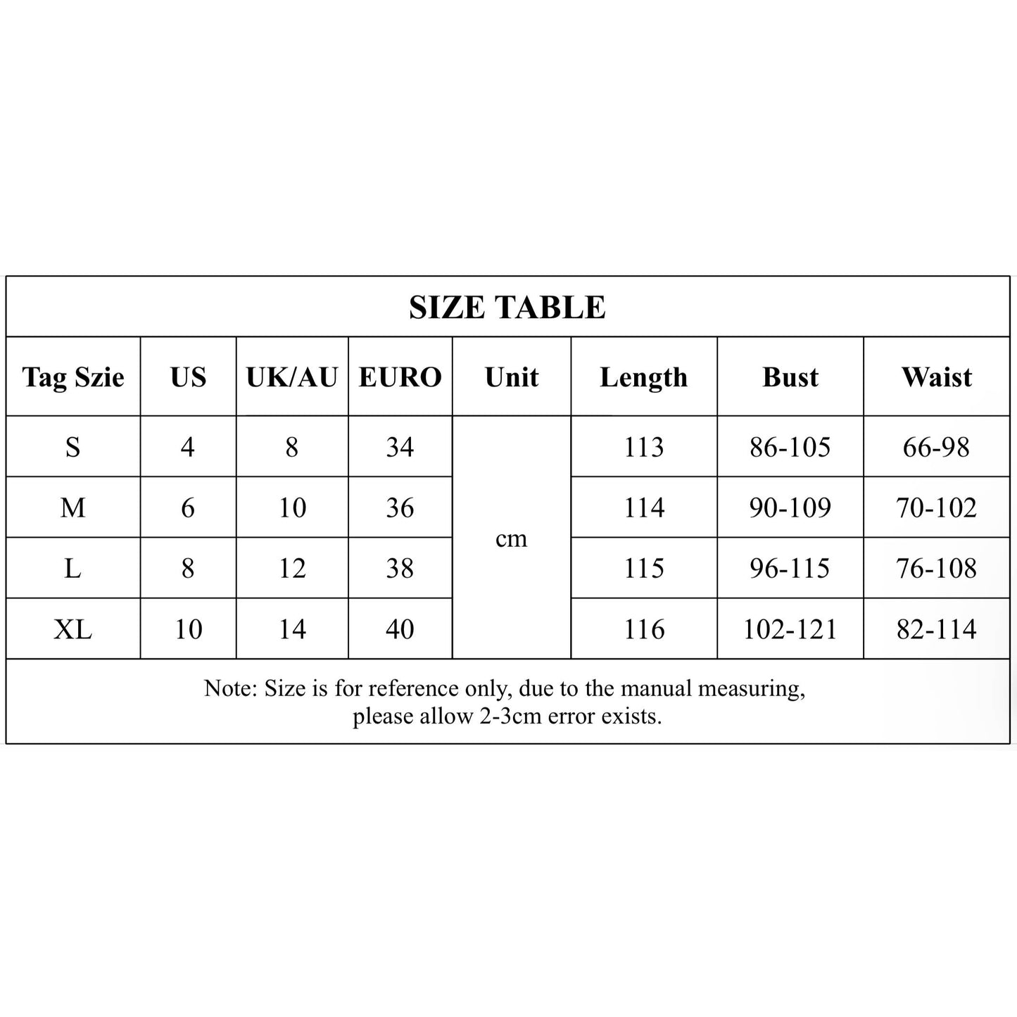 Size chart for clothing with measurements in US, UK/AU, and EURO sizes.