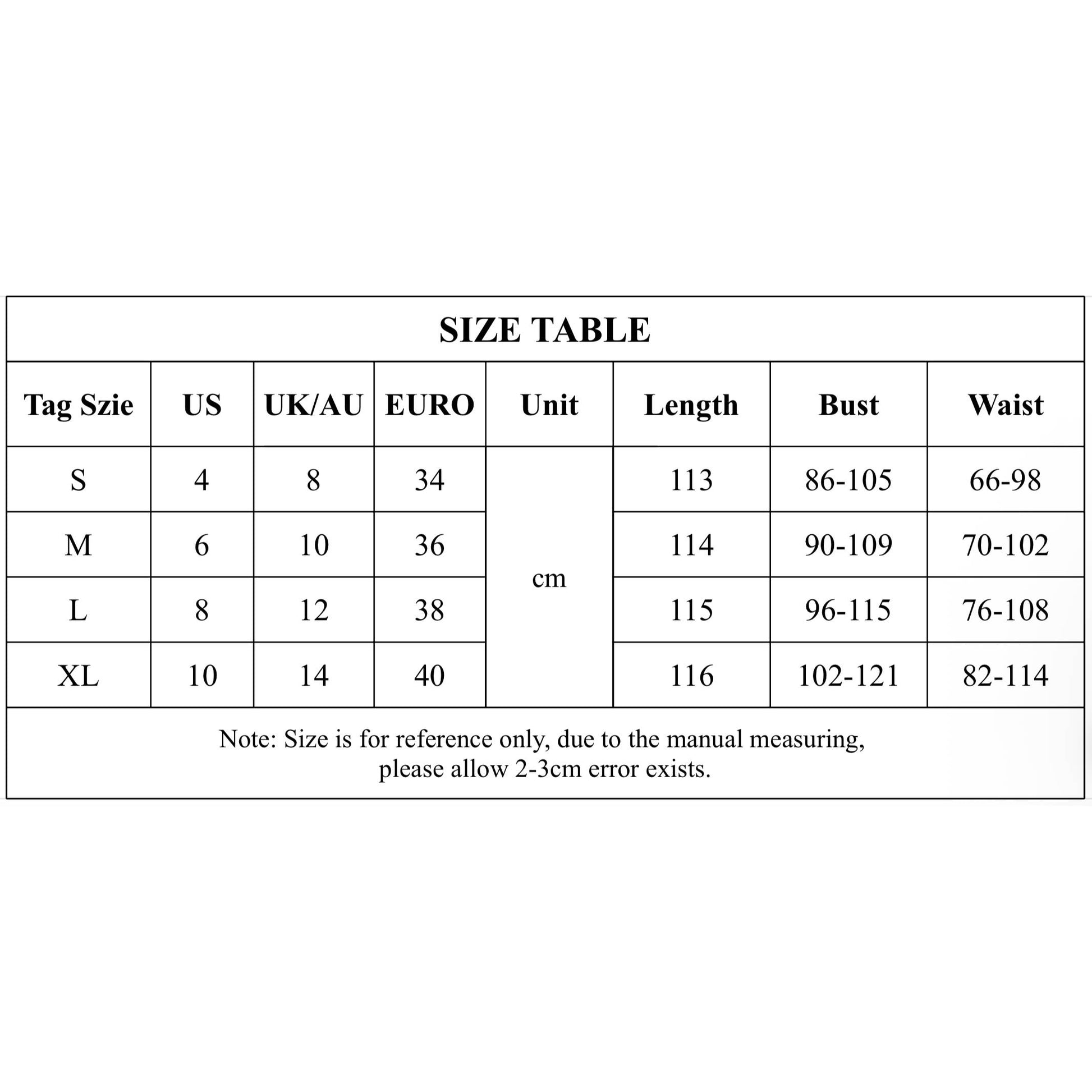 Size chart for clothing with measurements in US, UK/AU, and EURO sizes.