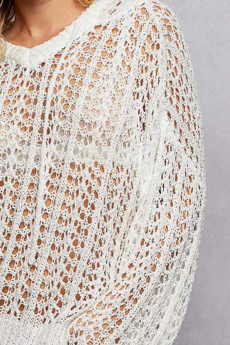 POL Openwork Round Neck High Low Knit Top