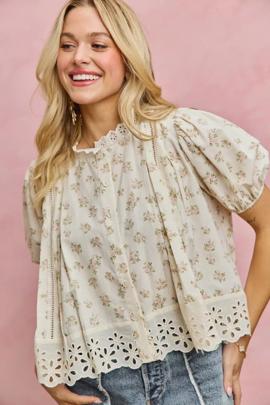 SO ME Floral Print Lace Trim Short Sleeves Blouse BLUSH