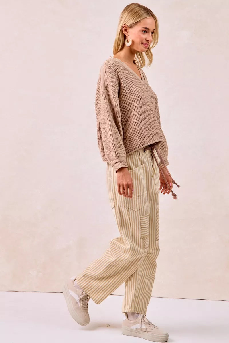 BiBi Drawstring Striped Twill Barrel Pants
