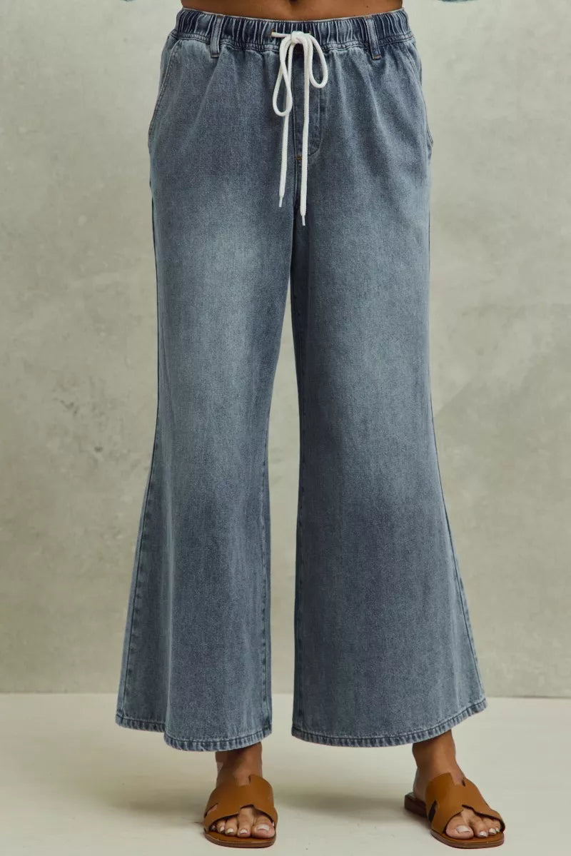 SO ME Mid Rise Elastic Waist Flare Denim Jeans DENIM