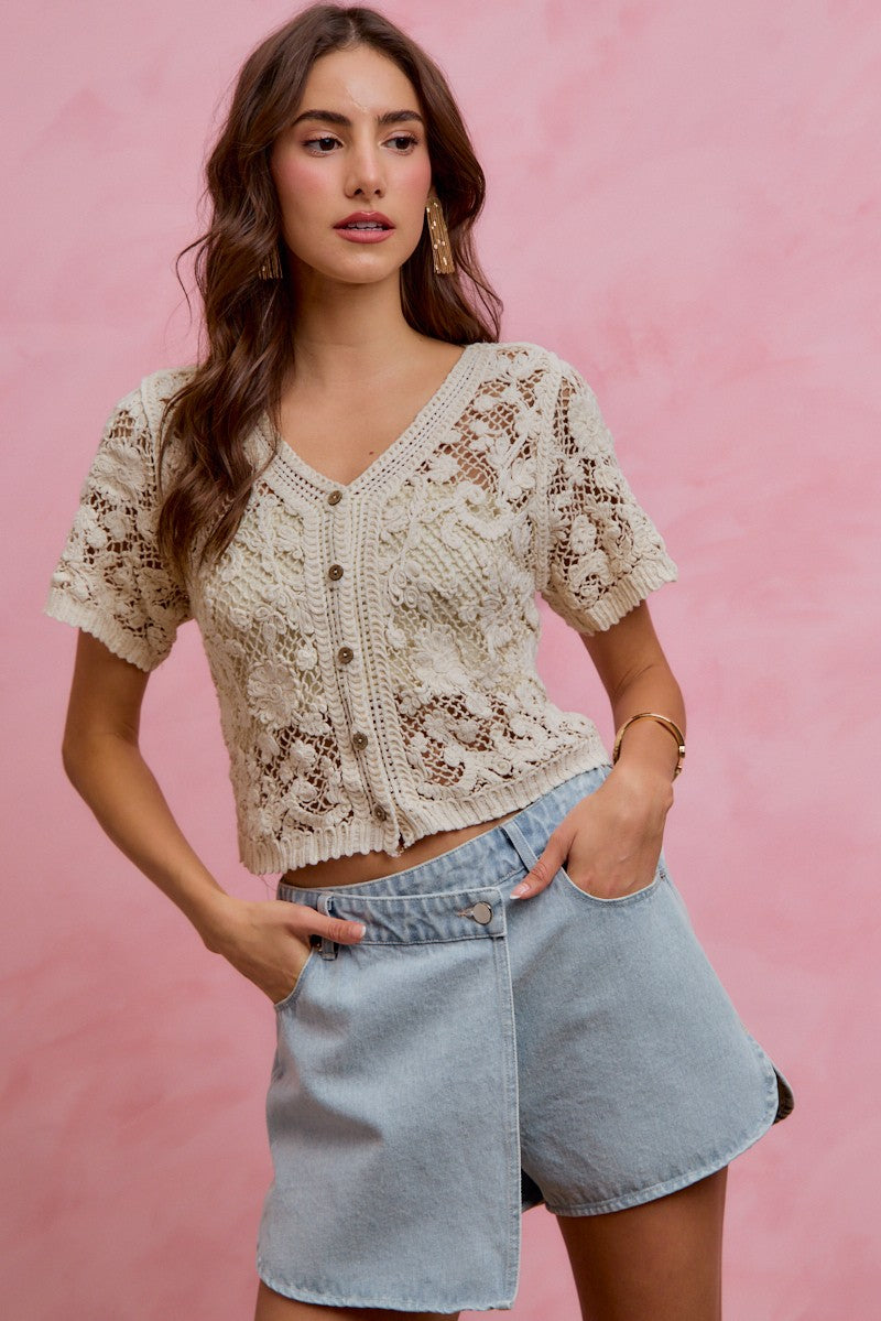 SO ME Floral Crochet Lace Button Down Cardigan