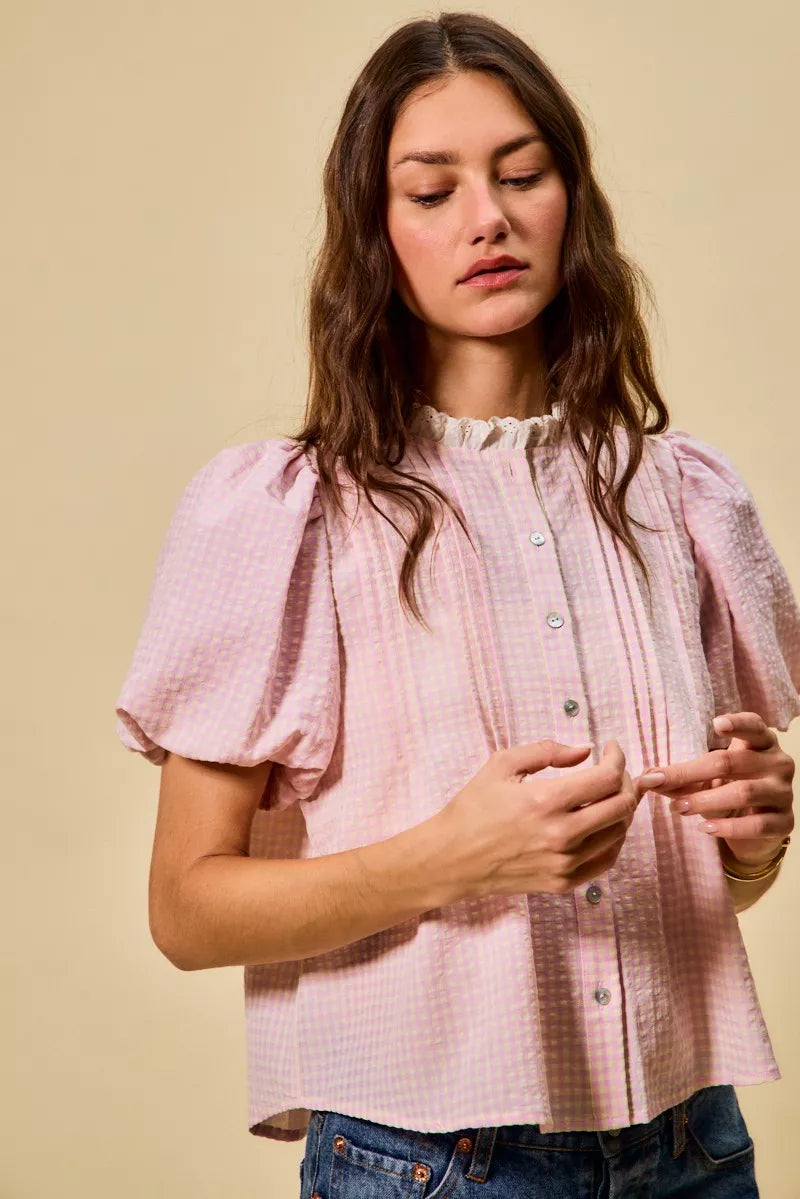SO ME Gingham Lace Trim Button Bubble Sleeves Blouse