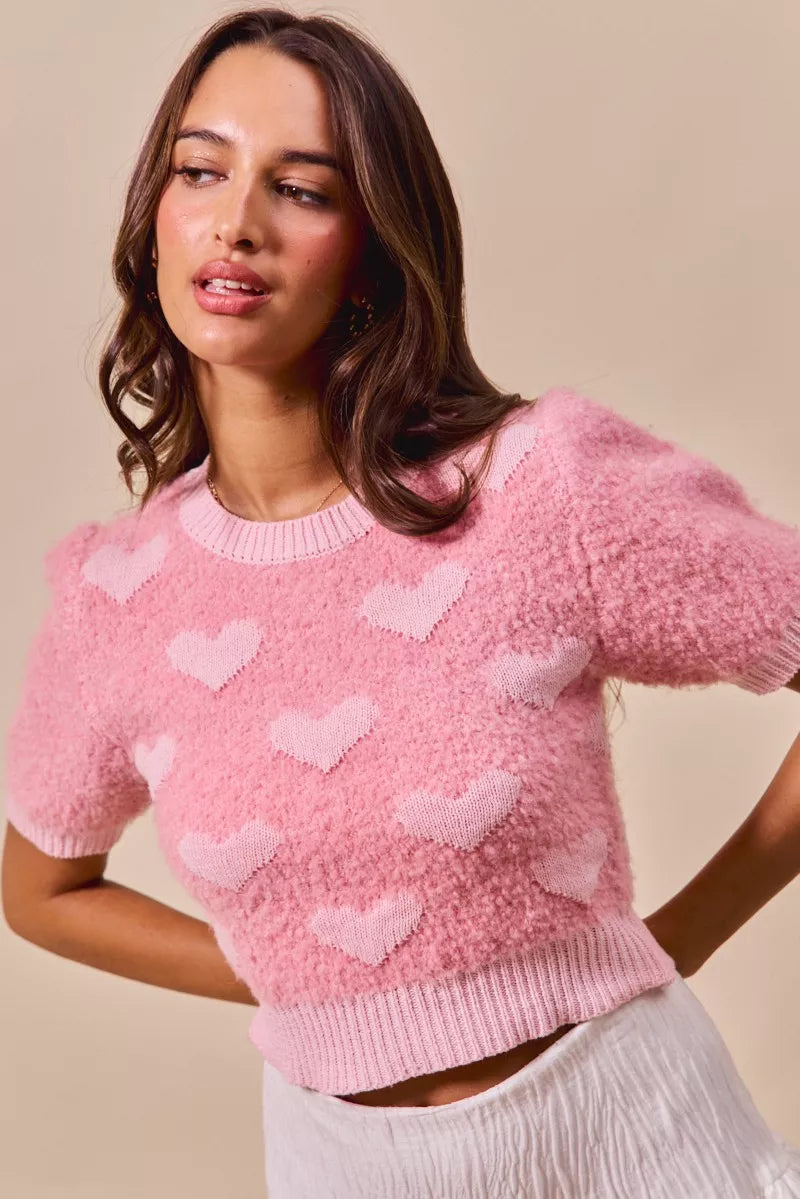 SO ME All Over Heart Valentine Cropped Sweater