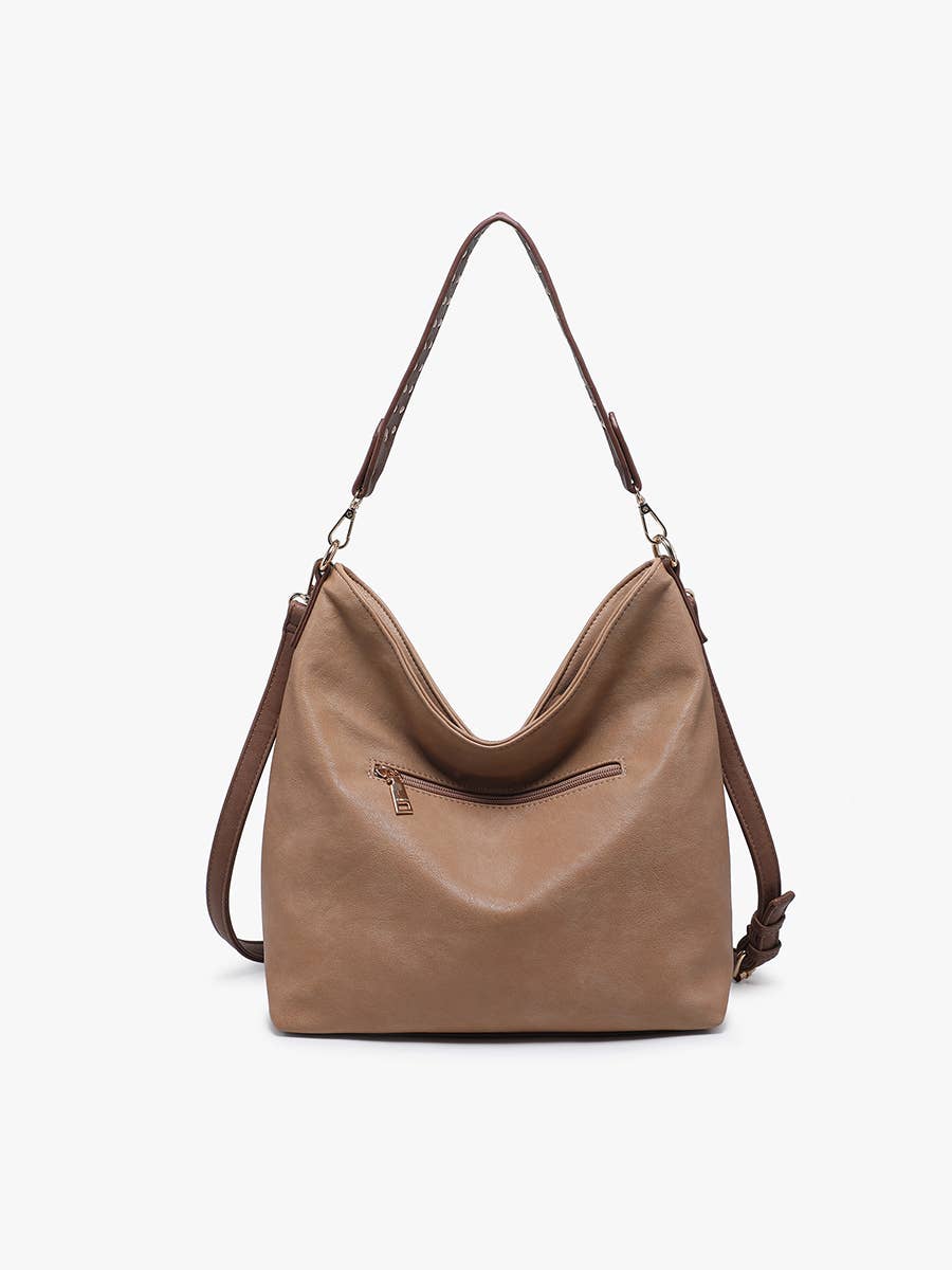 Brown leather handbag with a shoulder strap on a white background
