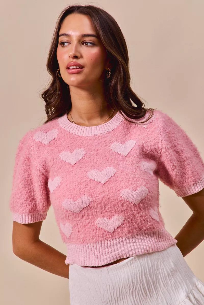 SO ME All Over Heart Valentine Cropped Sweater