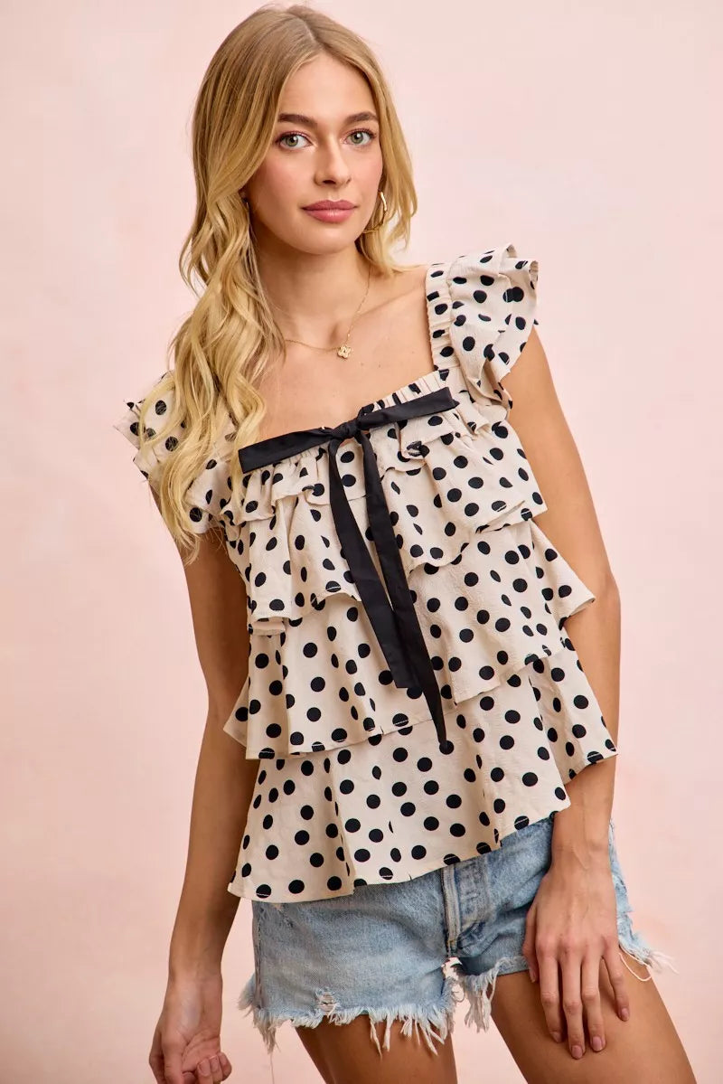 BiBi Polka Dot Ruffled Bow Tied Square Neck Sleeveless Top