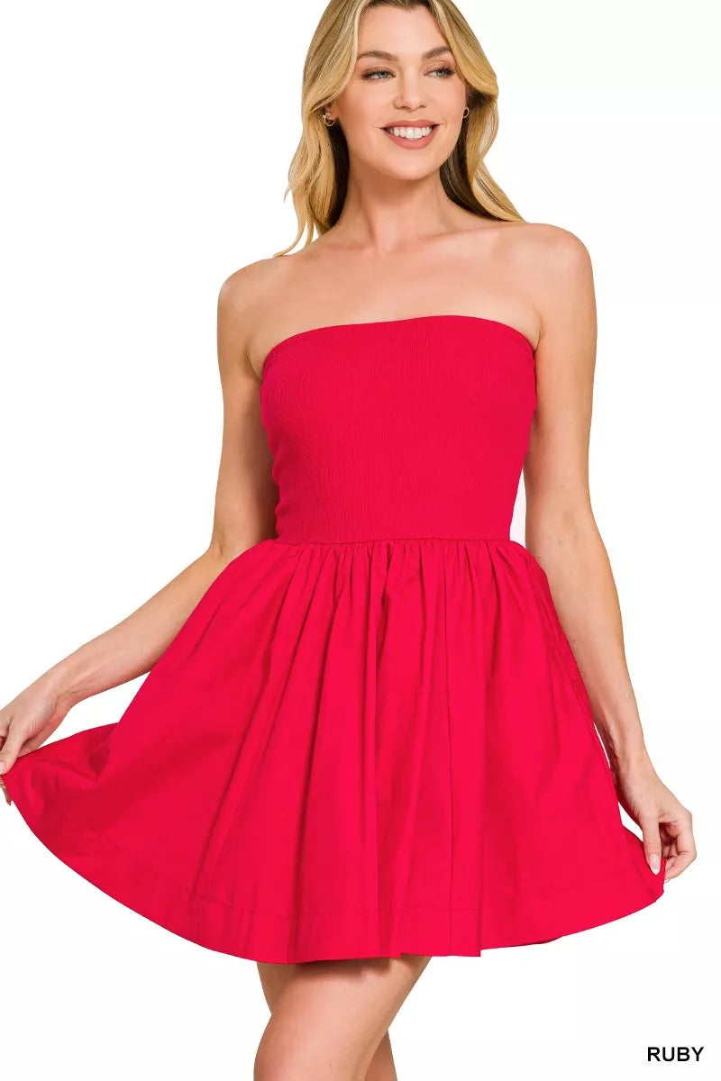 Zenana Combined Knit Tube Top Flare Mini Dress RUBY