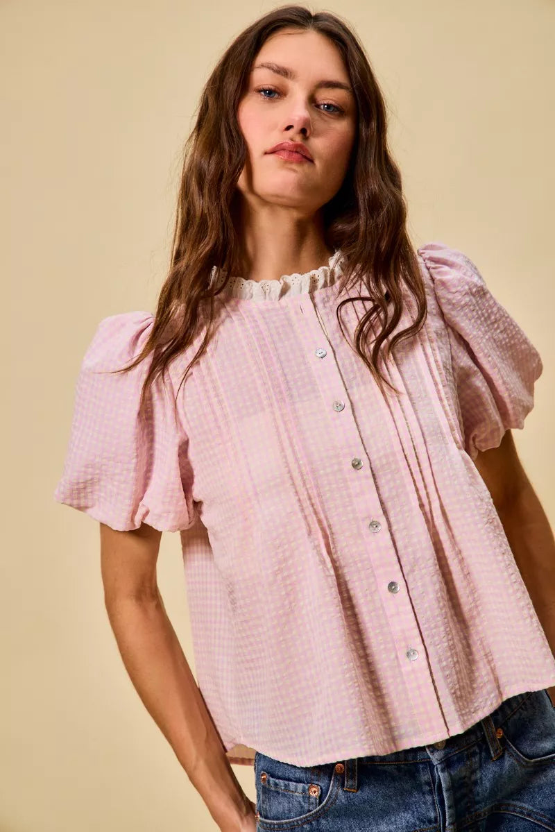 SO ME Gingham Lace Trim Button Bubble Sleeves Blouse