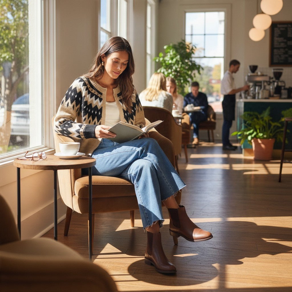 Woman wearing an Apricot Lane Duluth taupe, black, and ivory Fair Isle knit cardigan in a cozy cafe setting.