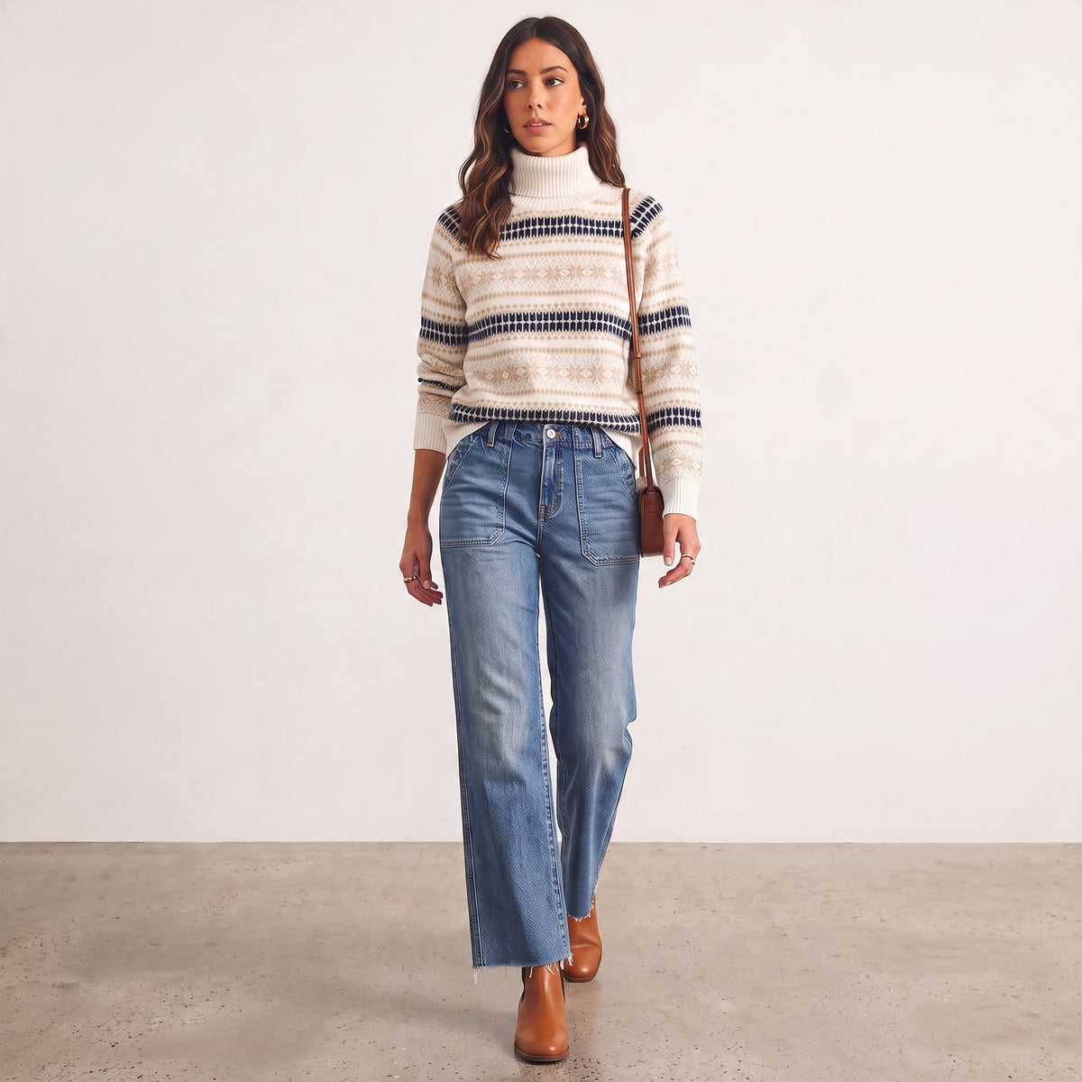 Apricot Lane Duluth ivory Fair Isle turtleneck sweater with navy and taupe geometric patterns worn with blue jeans.