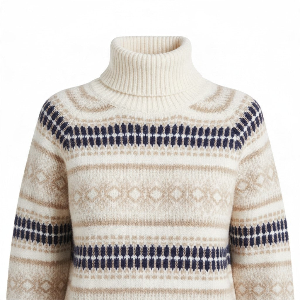Apricot Lane Duluth ivory knit turtleneck sweater with navy and taupe Fair Isle geometric patterns.