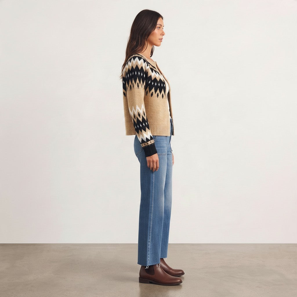 Apricot Lane Duluth Timberline Fair Isle cardigan in taupe, black, and ivory with a textured knit and open-front design.