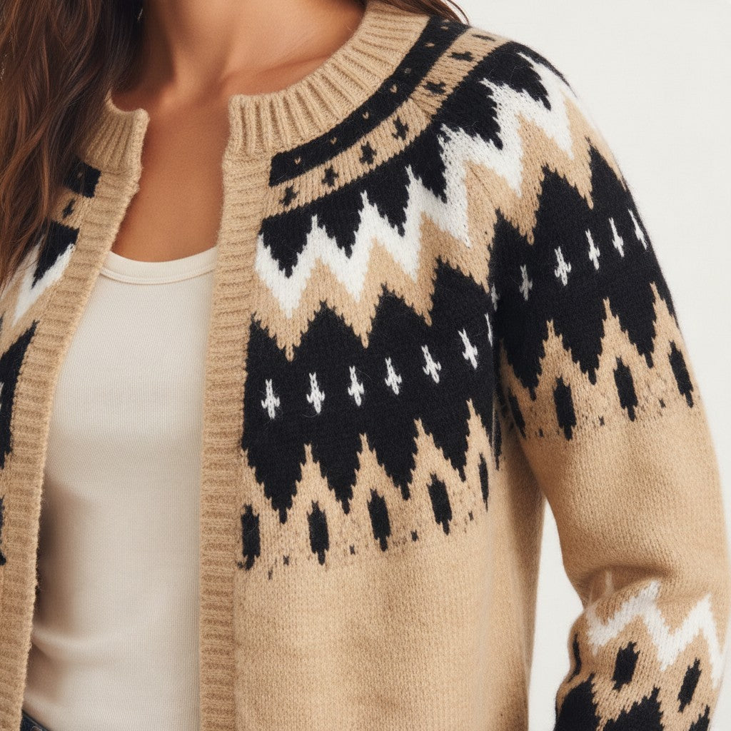 Apricot Lane Duluth taupe, black, and ivory Fair Isle knit cardigan with ribbed trim and open-front design.