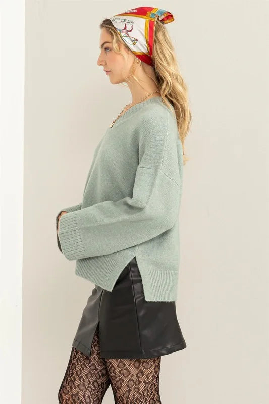 New Trends V Neck Wide Sleeve Side Slit Sweater
