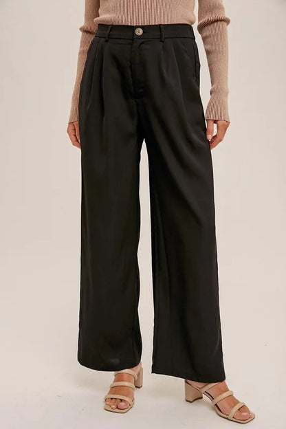 Satin Effect Pleated Wide Leg Trousers