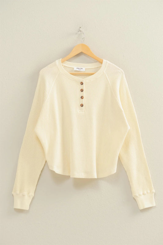 Mineral Washed Henley Waffle Raglan Sleeve Top