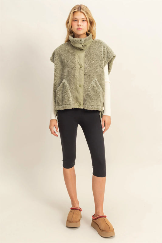 Cozy Sherpa Vest Jacket with Tie-Up Side Details