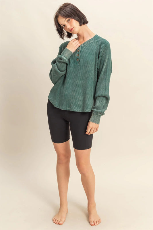 Mineral Washed Henley Waffle Raglan Sleeve Top