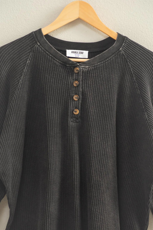 Mineral Washed Henley Waffle Raglan Sleeve Top